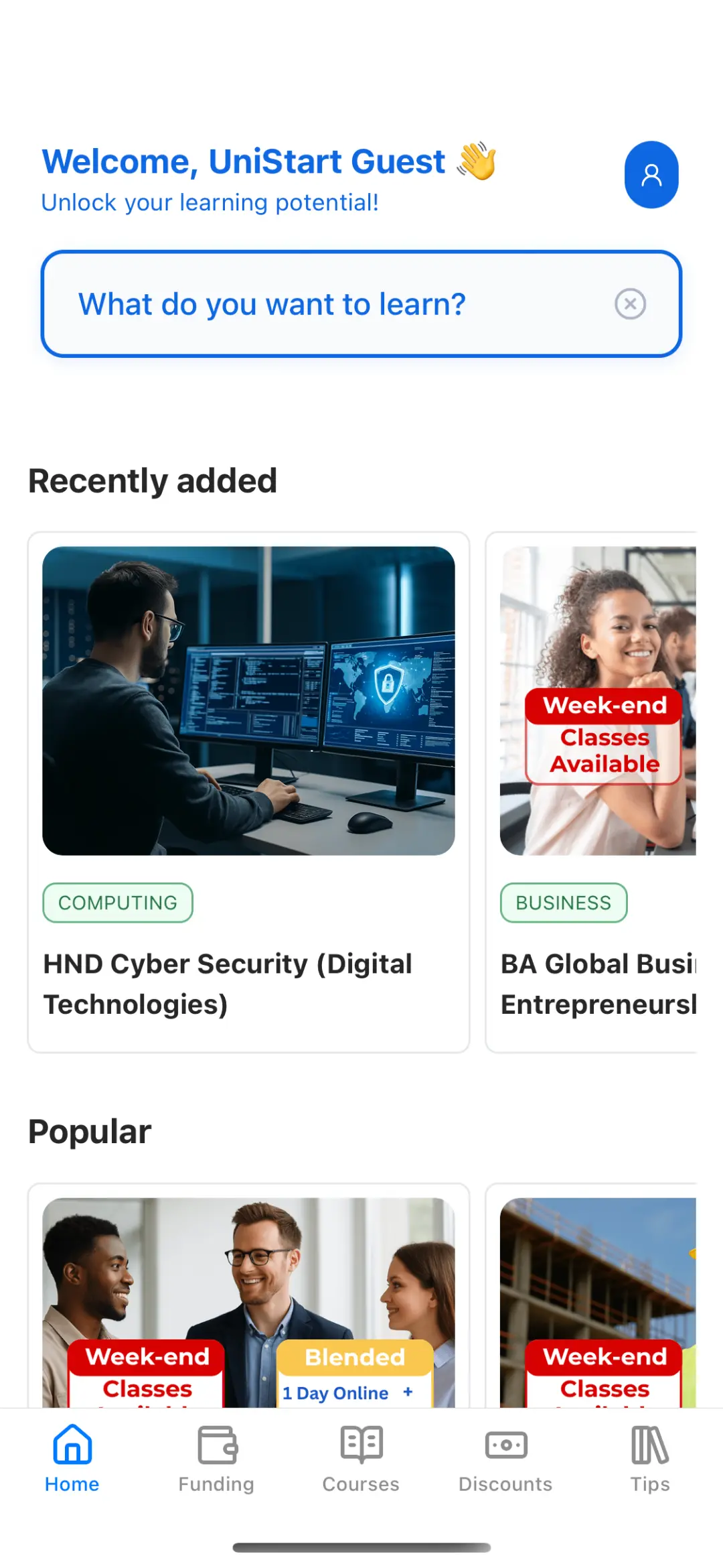 The UniStart app course discovery screen