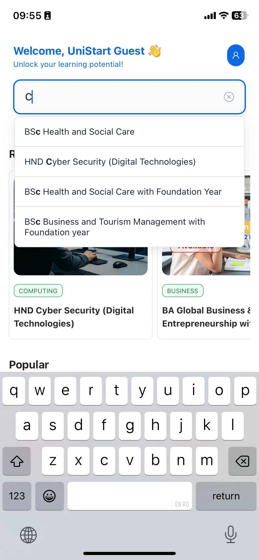 The UniStart app course search screen